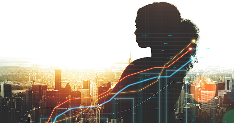 silhouette image of a female looking out a window with skyscraper images in the background